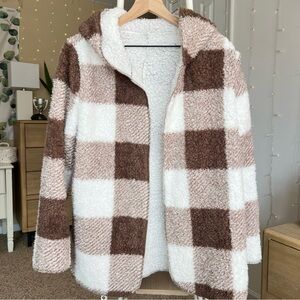 Brown White Plaid Hooded Teddy Sherpa Jacket Size Medium